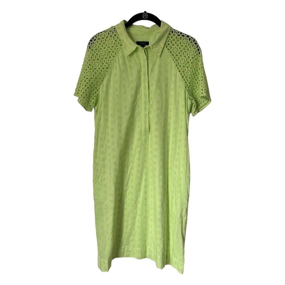 J Crew Womens Size 6 Eyelet Shirt Dress Kiwi Short Sleeve Half Button w Pockets